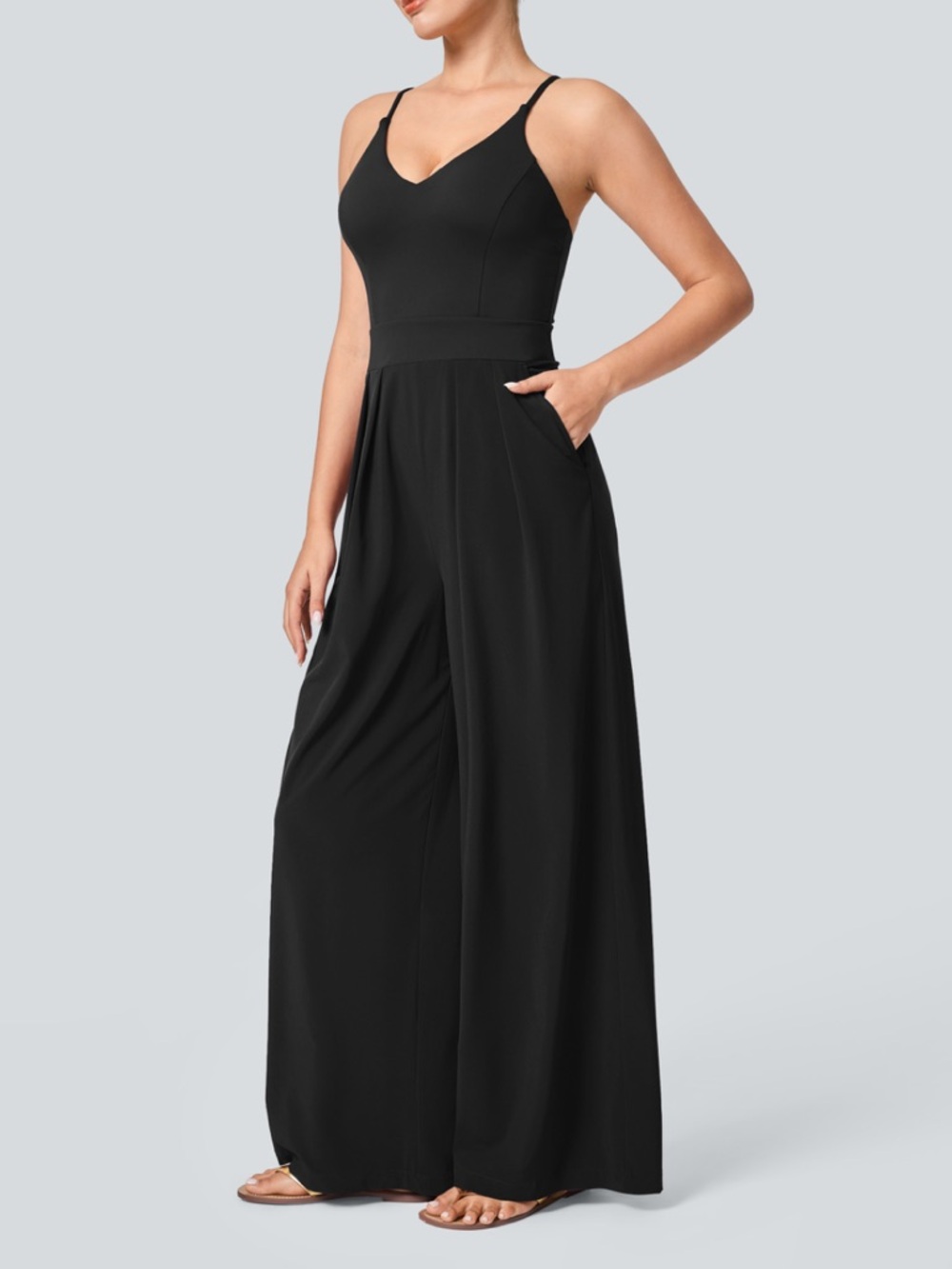 NWT Halara Black Wide Leg Jumpsuit XS Athletic Casual Stretch Pocket Romper